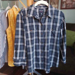 Chaps Blue/White Plaid 3/4 Sleeve Western Buttondown